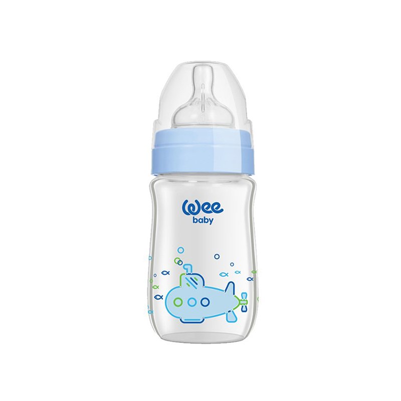 Wee Isıya Dayanıklı Geniş Ağızlı Cam Biberon 280 ml mavi
